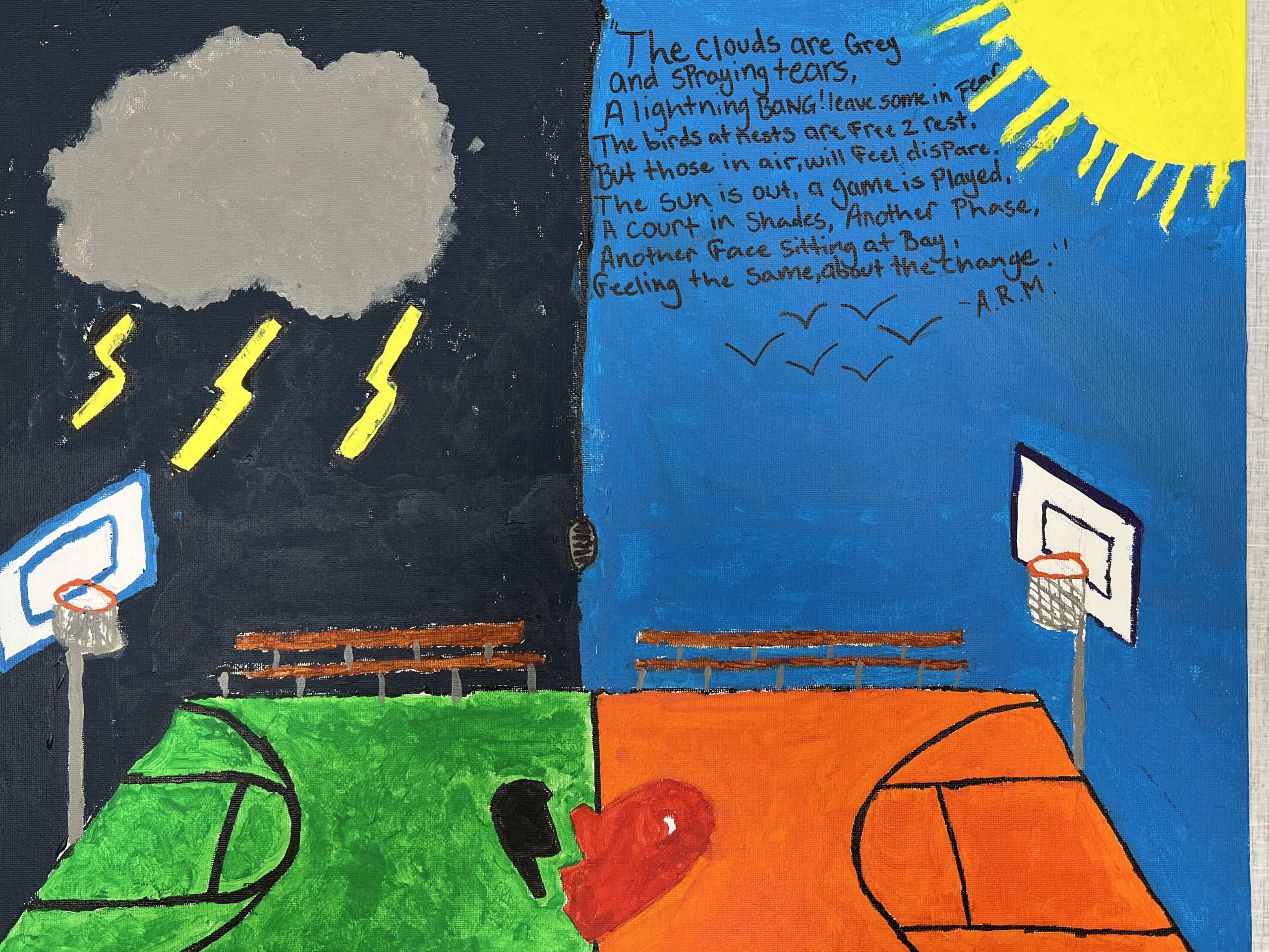 Picture that was referenced above of a basketball court both in a rainstorm and a sunny day. 