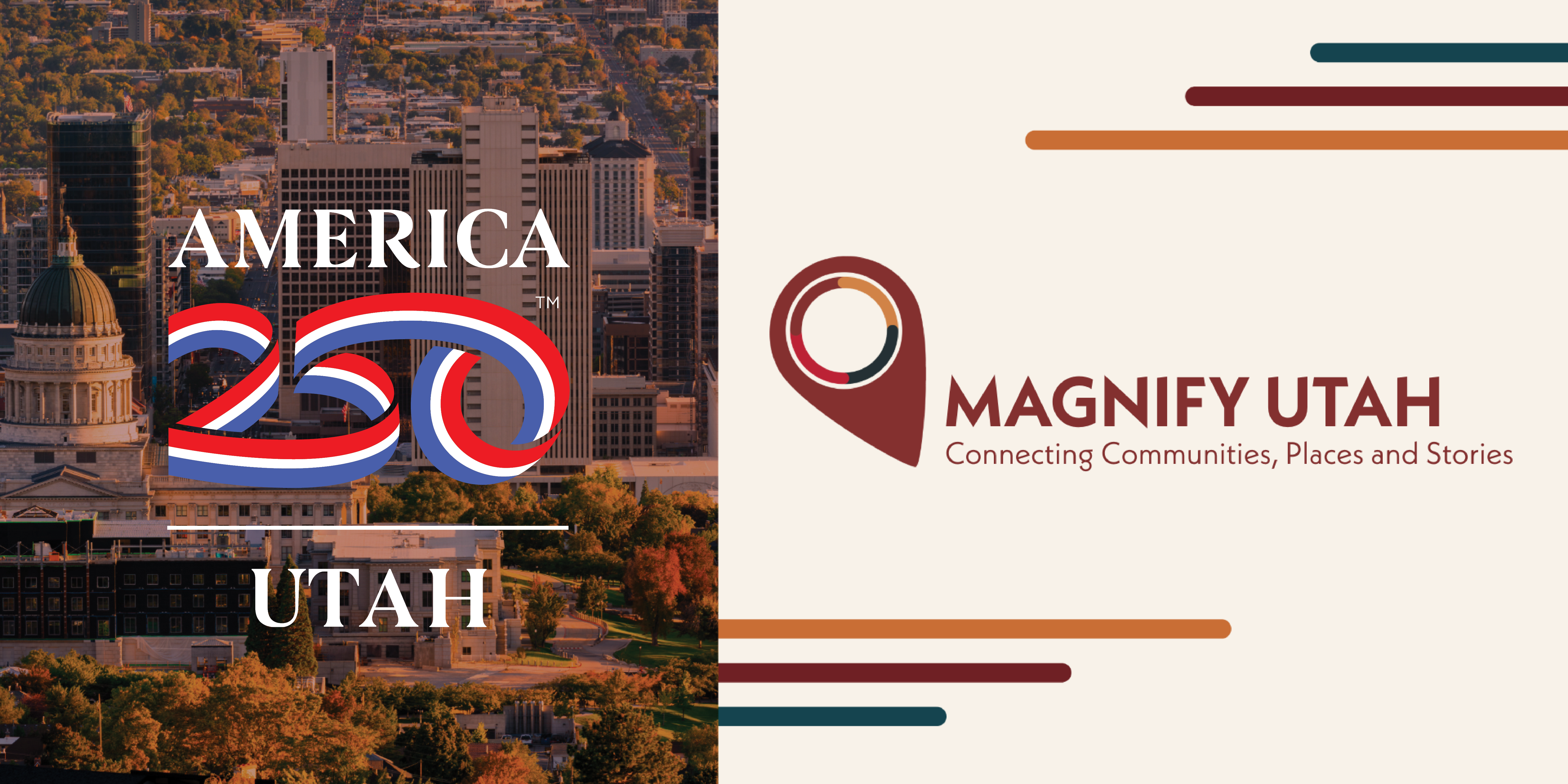 Split image: Left shows America 250 Utah over a cityscape; right shows Magnify Utah logo.