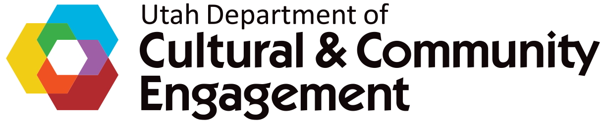 Utah Department of Cultural & Community Engagement logo with colorful hexagon design.