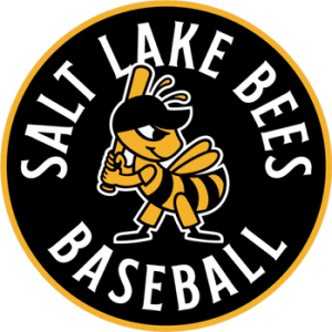 Salt Lake Bees Baseball logo with a cartoon bee holding a bat in the center.