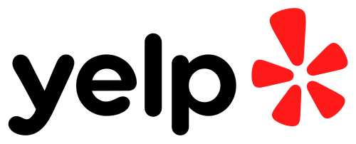 Yelp logo with black text and a red burst symbol on a white background.