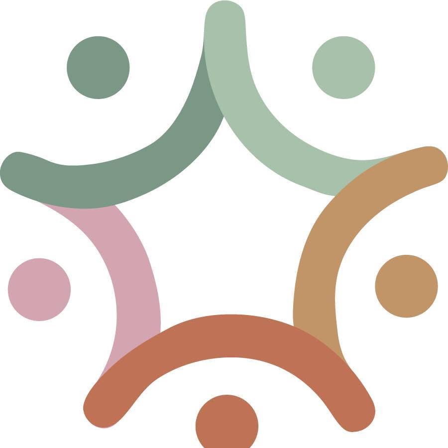 Abstract design of five stylized figures forming a circle with curved arms in muted colors.