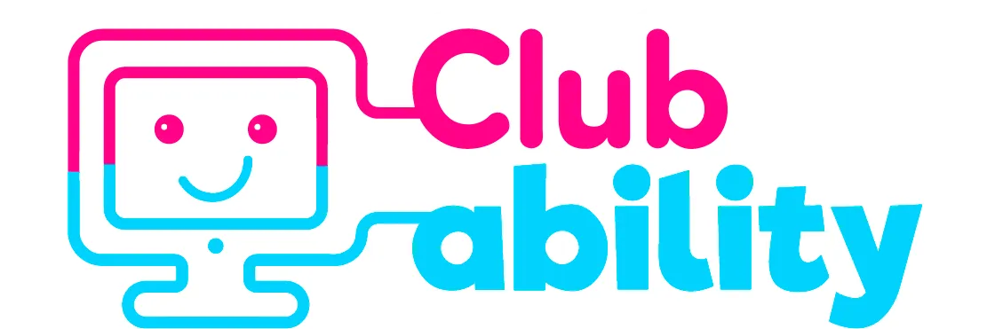Logo with a smiling computer and the words Club ability in pink and blue text.
