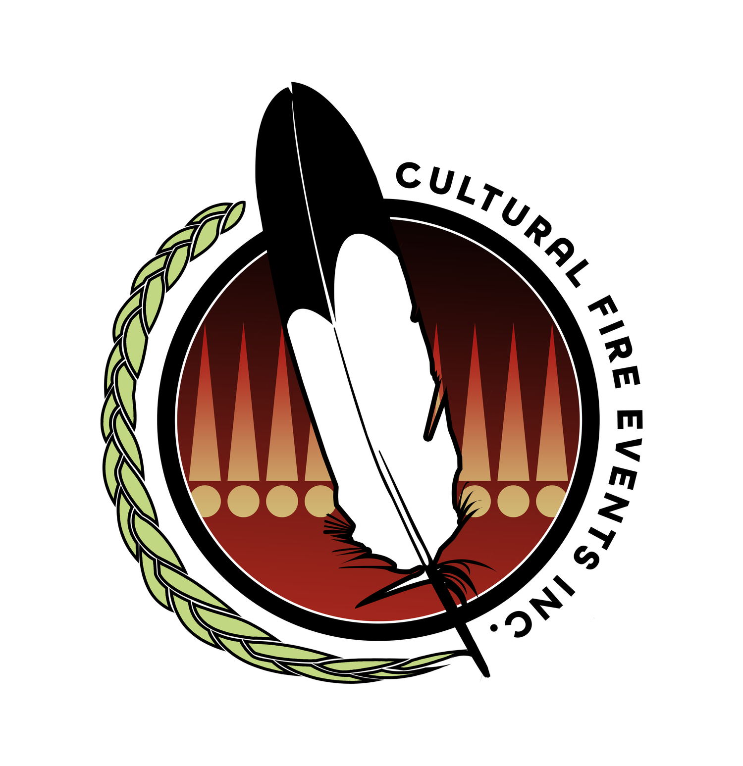 A feather, grass, and red circle with CULTURAL FIRE EVENTS INC. decorate this logo.