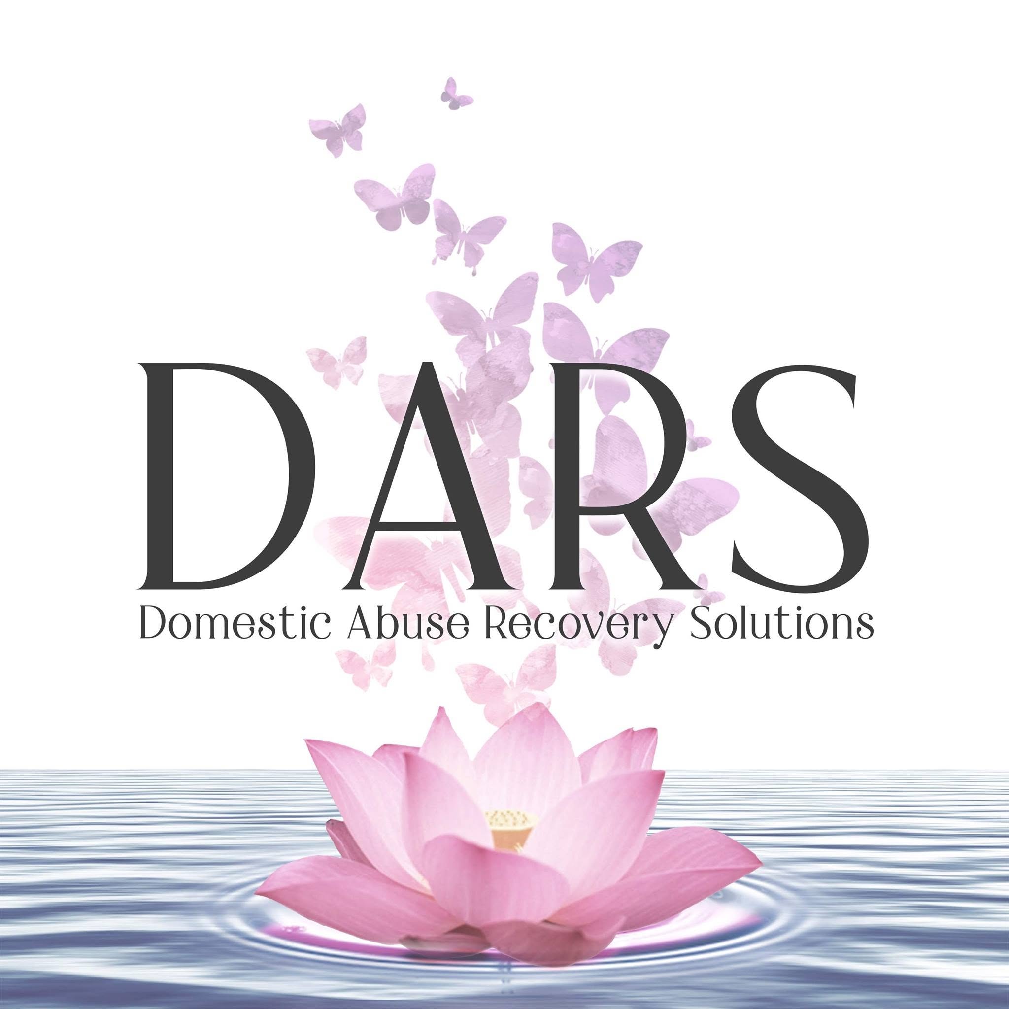 Pink lotus on water with purple butterflies and the text DARS Domestic Abuse Recovery Solutions.
