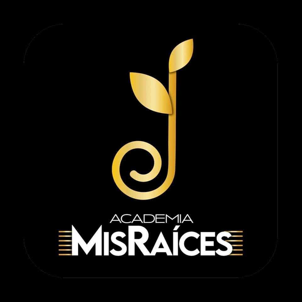 Gold stem and leaf logo above ACADEMIA MisRaíces on a black background.