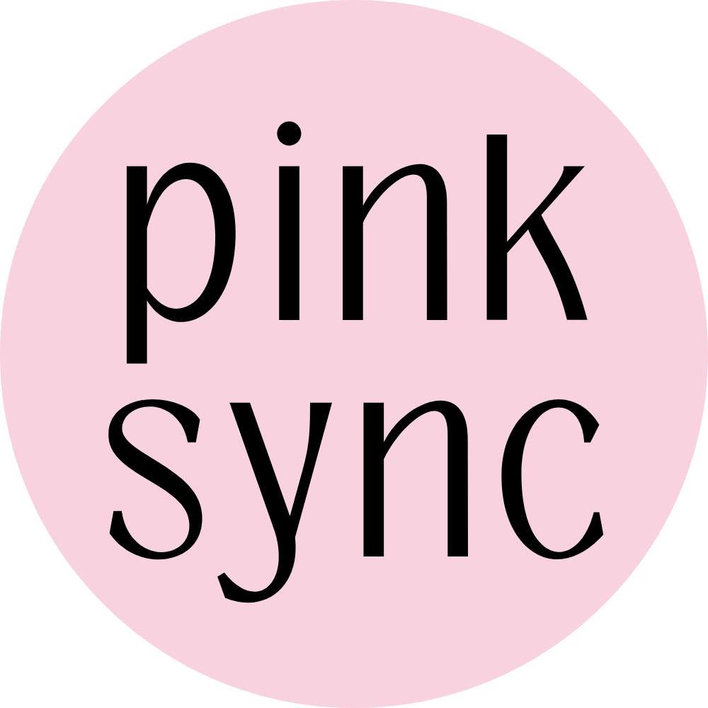 Pink circle with the words pink sync in black lowercase letters centered inside.