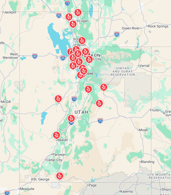 Map of Utah showing locations marked with red icons along the I-15 corridor and in major cities.